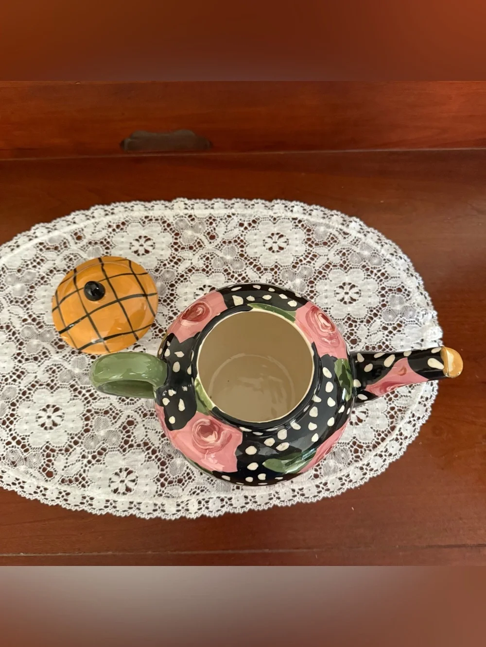 Vintage Droll Designs Hand-Painted Teapot - Whimsical Pink Rose & Polka Dot